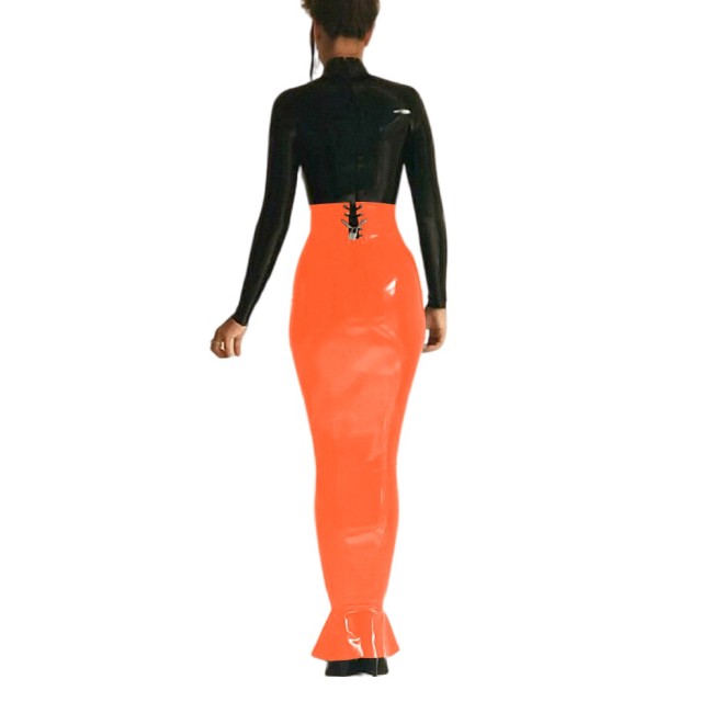 Sexy High Waist Lockable Long Hobble Skirts Sissy Shiny PVC Leather Ruffles Skirt Wetlook Stretchy Bodycon Pencil Skirt Clubwear