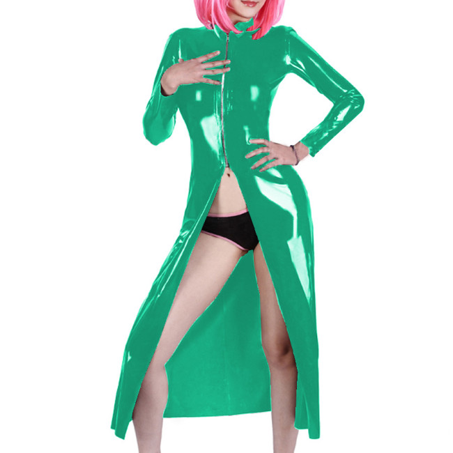 Gothic Wetlook PVC Lether Long Trench Sexy Fantasy Halloween Costume Womens Eotic Long Sleeve Coats Zipper Nightclub Dress Tops