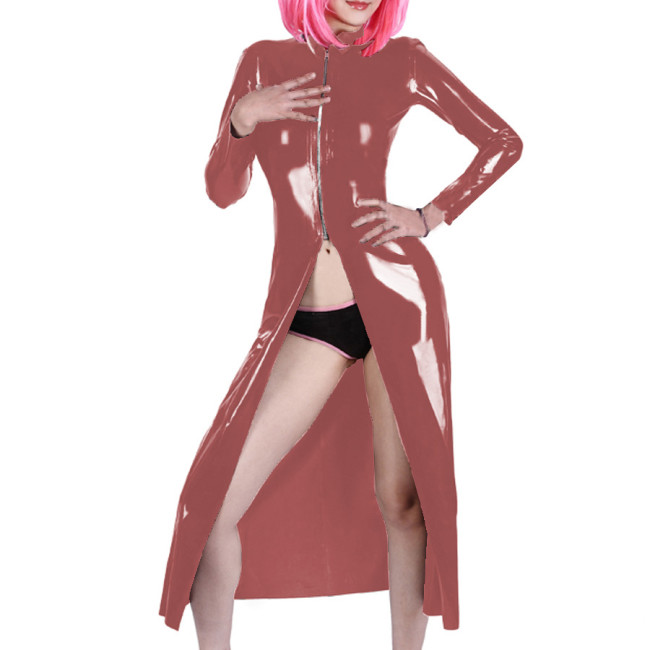 Gothic Wetlook PVC Lether Long Trench Sexy Fantasy Halloween Costume Womens Eotic Long Sleeve Coats Zipper Nightclub Dress Tops