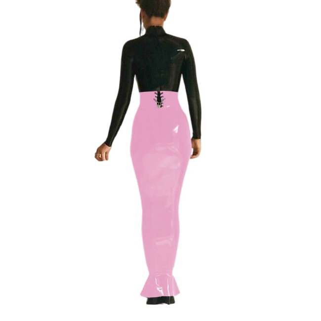 Sexy High Waist Lockable Long Hobble Skirts Sissy Shiny PVC Leather Ruffles Skirt Wetlook Stretchy Bodycon Pencil Skirt Clubwear