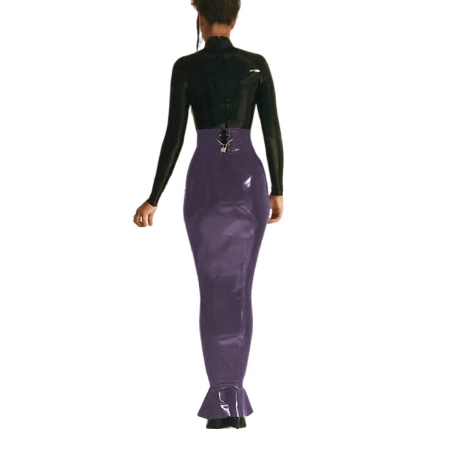 Sexy High Waist Lockable Long Hobble Skirts Sissy Shiny PVC Leather Ruffles Skirt Wetlook Stretchy Bodycon Pencil Skirt Clubwear