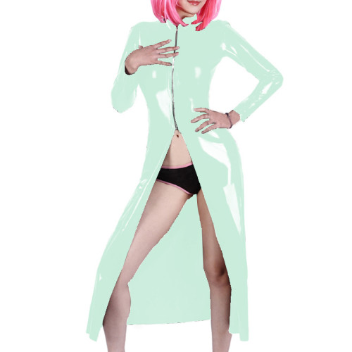 Gothic Wetlook PVC Lether Long Trench Sexy Fantasy Halloween Costume Womens Eotic Long Sleeve Coats Zipper Nightclub Dress Tops