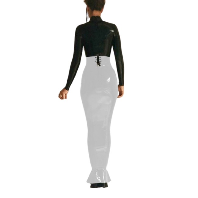 Sexy High Waist Lockable Long Hobble Skirts Sissy Shiny PVC Leather Ruffles Skirt Wetlook Stretchy Bodycon Pencil Skirt Clubwear