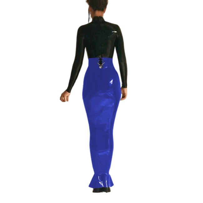 Sexy High Waist Lockable Long Hobble Skirts Sissy Shiny PVC Leather Ruffles Skirt Wetlook Stretchy Bodycon Pencil Skirt Clubwear