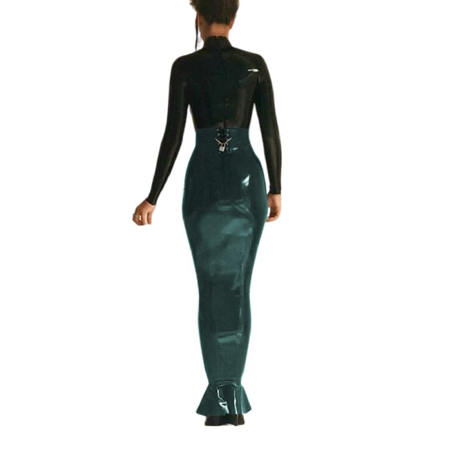 Sexy High Waist Lockable Long Hobble Skirts Sissy Shiny PVC Leather Ruffles Skirt Wetlook Stretchy Bodycon Pencil Skirt Clubwear