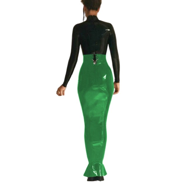Sexy High Waist Lockable Long Hobble Skirts Sissy Shiny PVC Leather Ruffles Skirt Wetlook Stretchy Bodycon Pencil Skirt Clubwear