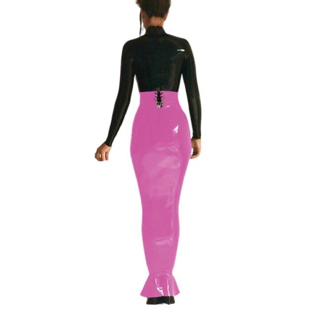 Sexy High Waist Lockable Long Hobble Skirts Sissy Shiny PVC Leather Ruffles Skirt Wetlook Stretchy Bodycon Pencil Skirt Clubwear