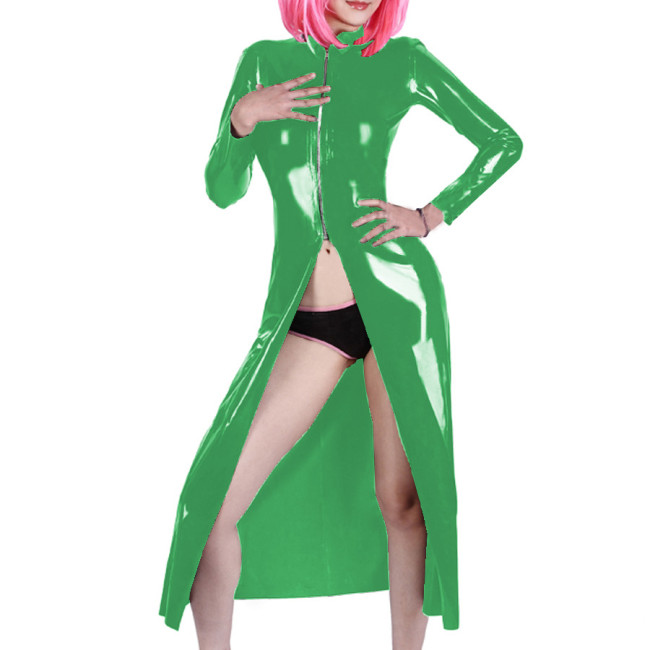 Gothic Wetlook PVC Lether Long Trench Sexy Fantasy Halloween Costume Womens Eotic Long Sleeve Coats Zipper Nightclub Dress Tops