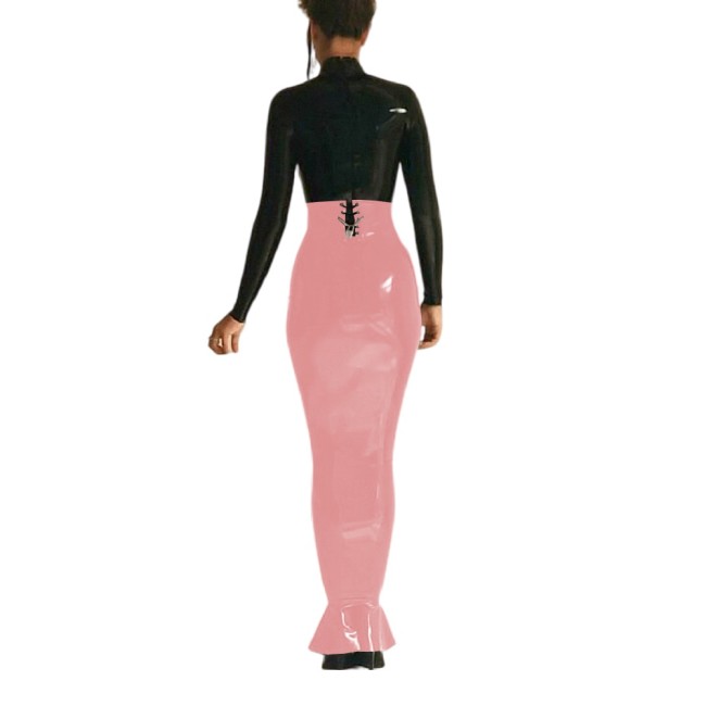 Sexy High Waist Lockable Long Hobble Skirts Sissy Shiny PVC Leather Ruffles Skirt Wetlook Stretchy Bodycon Pencil Skirt Clubwear