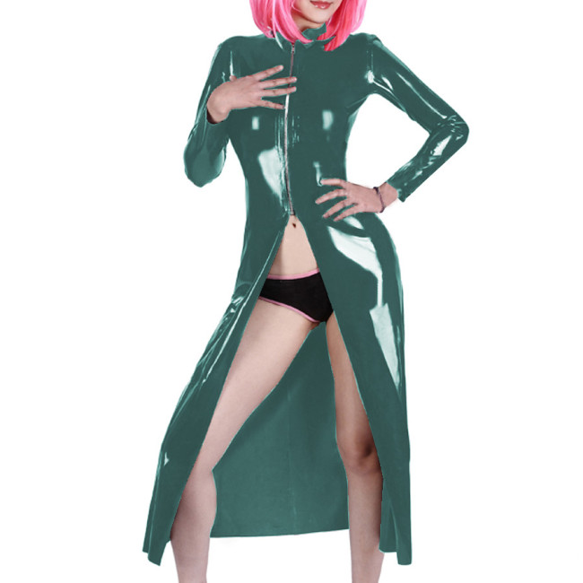 Gothic Wetlook PVC Lether Long Trench Sexy Fantasy Halloween Costume Womens Eotic Long Sleeve Coats Zipper Nightclub Dress Tops