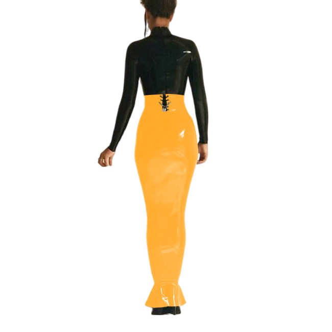 Sexy High Waist Lockable Long Hobble Skirts Sissy Shiny PVC Leather Ruffles Skirt Wetlook Stretchy Bodycon Pencil Skirt Clubwear