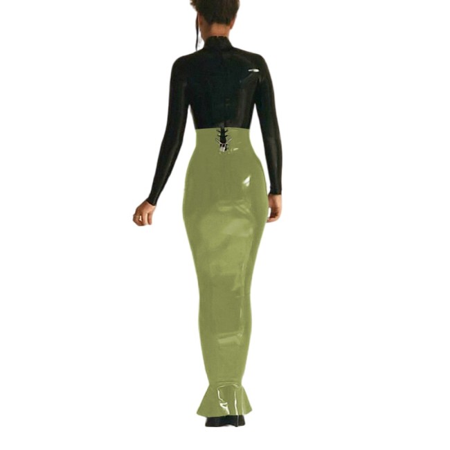 Sexy High Waist Lockable Long Hobble Skirts Sissy Shiny PVC Leather Ruffles Skirt Wetlook Stretchy Bodycon Pencil Skirt Clubwear