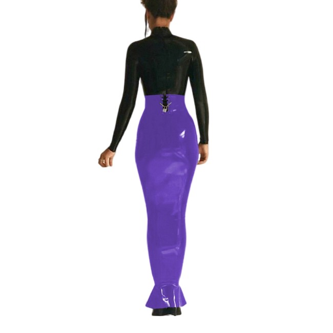 Sexy High Waist Lockable Long Hobble Skirts Sissy Shiny PVC Leather Ruffles Skirt Wetlook Stretchy Bodycon Pencil Skirt Clubwear