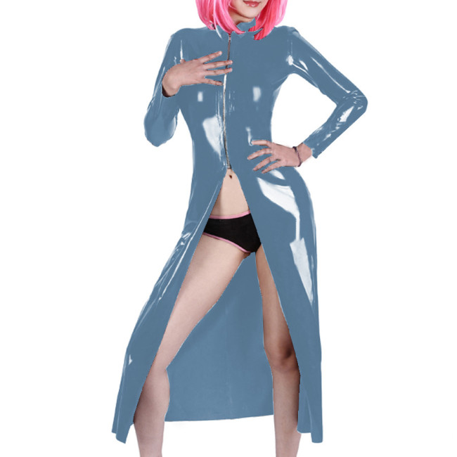 Gothic Wetlook PVC Lether Long Trench Sexy Fantasy Halloween Costume Womens Eotic Long Sleeve Coats Zipper Nightclub Dress Tops