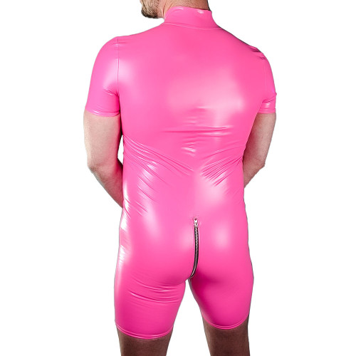 Mens Shiny PVC Playsuit Punk Solid Color Tight Mock Neck Short Sleeve Rompers Wetlook One-piece Zipper Open Crotch Club Bodysuit