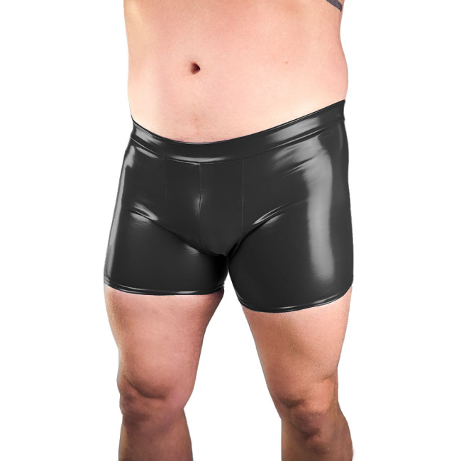 Mens Wet Look PVC Club Shorts Male Shiny Faux Leather Convex Pouch Boxer Raves Party Elastic Hot Pants Exotic Sissy Underpants