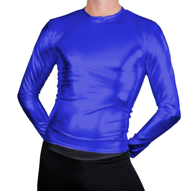 Fashion Male Long Sleeve T-shirt Festival Rave Party Round Neck Tops Punk Shiny Metallic Clubwear Men‘s Clothing Streetwear 7XL
