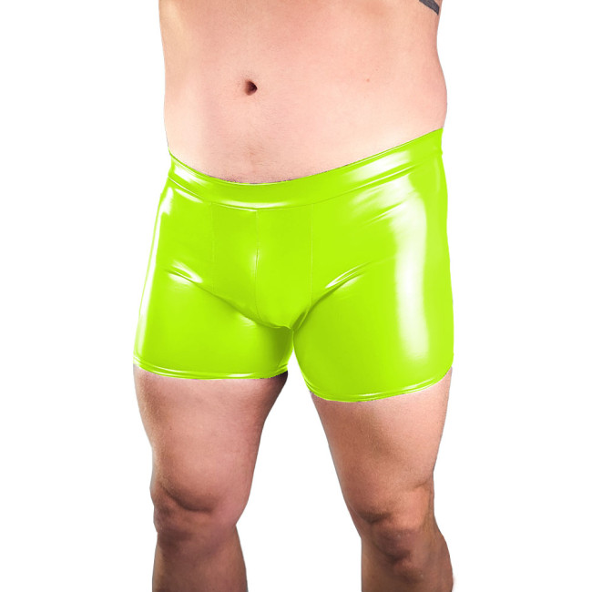 Mens Wet Look PVC Club Shorts Male Shiny Faux Leather Convex Pouch Boxer Raves Party Elastic Hot Pants Exotic Sissy Underpants