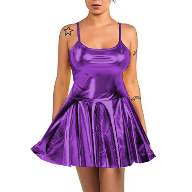 Summer Sexy Women High Waist Sundress Rave Party Spaghetti Straps Cami Slip Dress Shiny Metallic Short A-line Skater Mini Dress