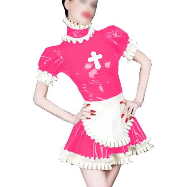 Wetlook PVC Leather A-line Nun Maid Dress Sets Shiny Ruffles Short Sleeve Lolita Dress with Apron Party Cosplay Nun Maid Outfit