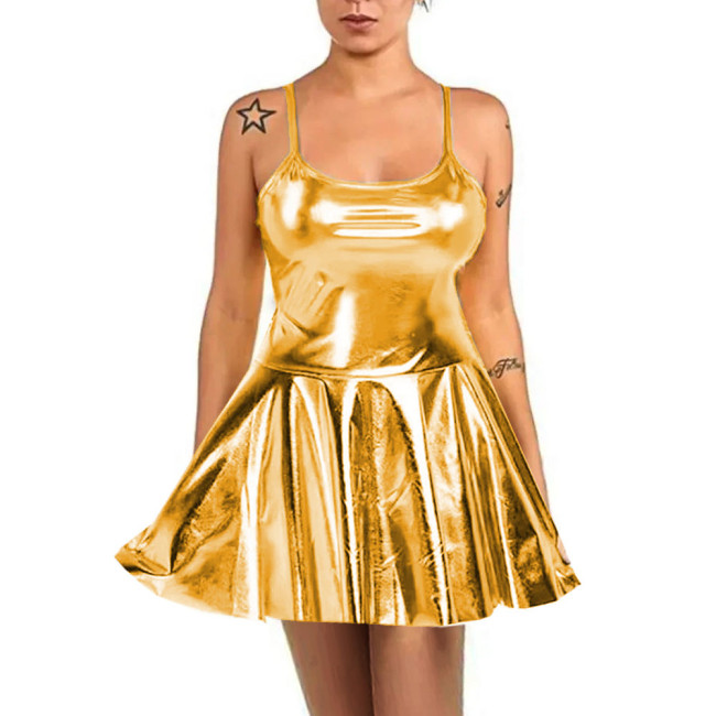 Summer Sexy Women High Waist Sundress Rave Party Spaghetti Straps Cami Slip Dress Shiny Metallic Short A-line Skater Mini Dress