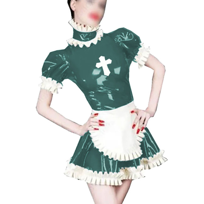 Wetlook PVC Leather A-line Nun Maid Dress Sets Shiny Ruffles Short Sleeve Lolita Dress with Apron Party Cosplay Nun Maid Outfit