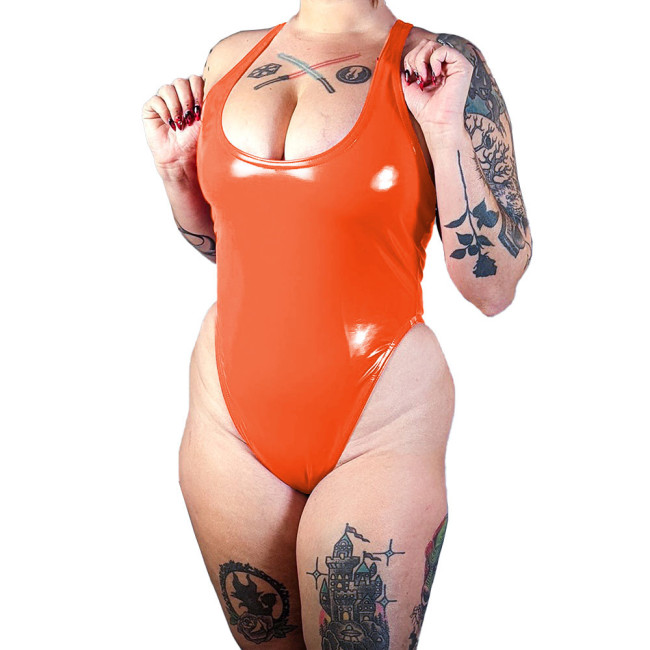 Sexy Sleeveless Bodysuits for Women Wet PVC Leather Deep U-Neck Racerback Tank Tops Body Suit Shiny Raves Party Club Rompers 7XL