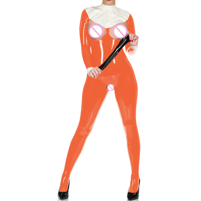 Exotic Sexy Cupless Crotchless Catsuit Wet PVC Leather Long Sleeve Club Bodysuit Fetish Open Crotch Bare Breast Erotic Lingerie