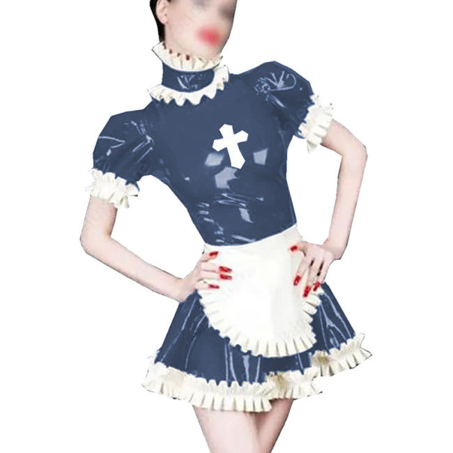 Wetlook PVC Leather A-line Nun Maid Dress Sets Shiny Ruffles Short Sleeve Lolita Dress with Apron Party Cosplay Nun Maid Outfit