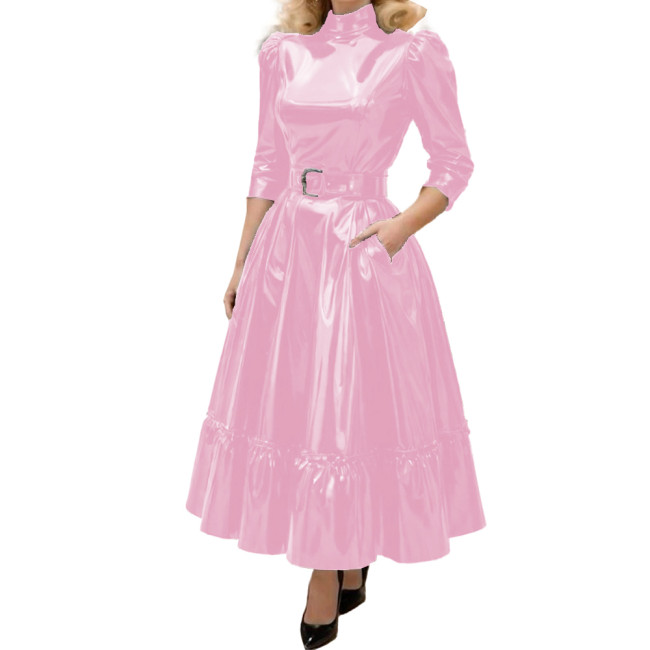 Fashion Turtleneck Solid Shiny PVC Leather A-Line Dress Womens Three Quarter Sleeves Long Belted Dress Female Elegant Vestidos