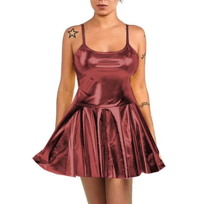 Summer Sexy Women High Waist Sundress Rave Party Spaghetti Straps Cami Slip Dress Shiny Metallic Short A-line Skater Mini Dress