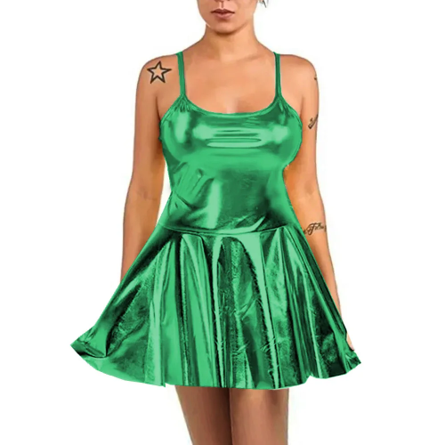 Summer Sexy Women High Waist Sundress Rave Party Spaghetti Straps Cami Slip Dress Shiny Metallic Short A-line Skater Mini Dress