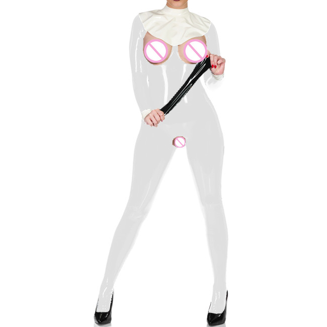 Exotic Sexy Cupless Crotchless Catsuit Wet PVC Leather Long Sleeve Club Bodysuit Fetish Open Crotch Bare Breast Erotic Lingerie