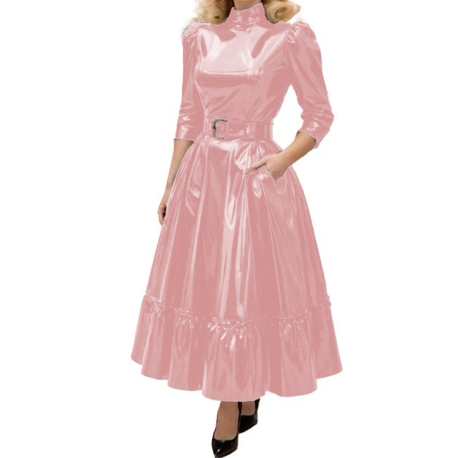 Fashion Turtleneck Solid Shiny PVC Leather A-Line Dress Womens Three Quarter Sleeves Long Belted Dress Female Elegant Vestidos