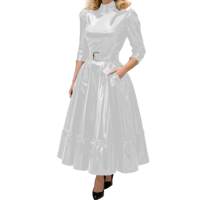 Fashion Turtleneck Solid Shiny PVC Leather A-Line Dress Womens Three Quarter Sleeves Long Belted Dress Female Elegant Vestidos