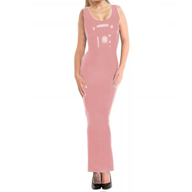 Wetlook Sleeveless Bodycon Long Pencil Dress Sexy U-neck Slim Fit Party Club Sundress Womens Shiny PVC Dresses Female Vestido