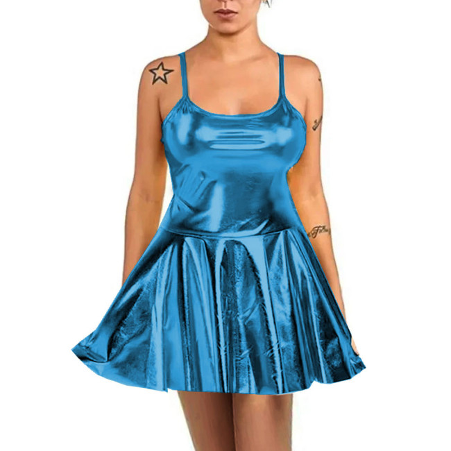 Summer Sexy Women High Waist Sundress Rave Party Spaghetti Straps Cami Slip Dress Shiny Metallic Short A-line Skater Mini Dress