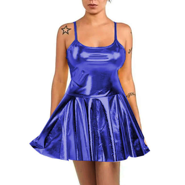 Summer Sexy Women High Waist Sundress Rave Party Spaghetti Straps Cami Slip Dress Shiny Metallic Short A-line Skater Mini Dress