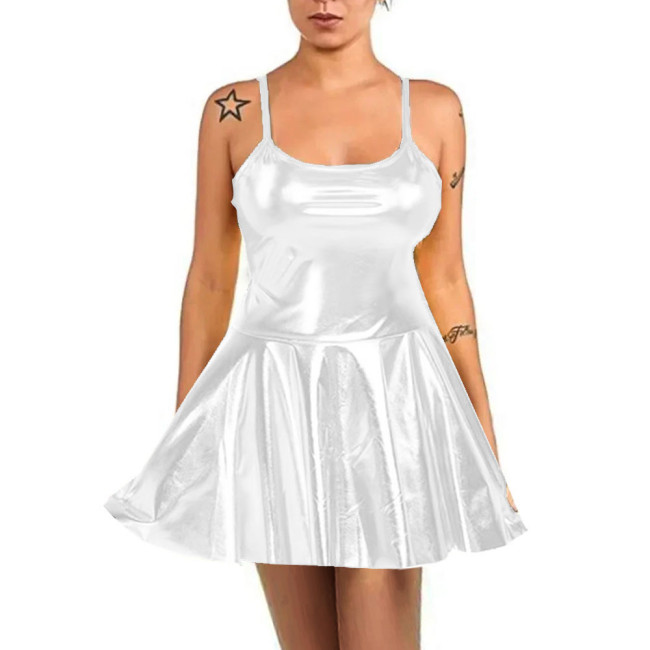Summer Sexy Women High Waist Sundress Rave Party Spaghetti Straps Cami Slip Dress Shiny Metallic Short A-line Skater Mini Dress