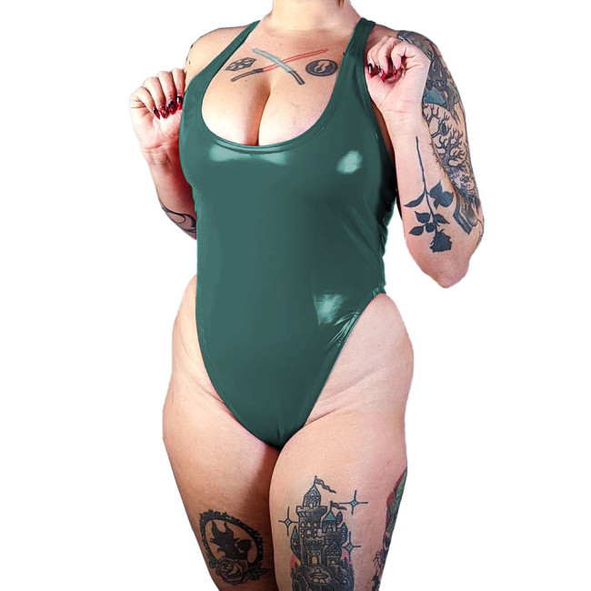 Sexy Sleeveless Bodysuits for Women Wet PVC Leather Deep U-Neck Racerback Tank Tops Body Suit Shiny Raves Party Club Rompers 7XL