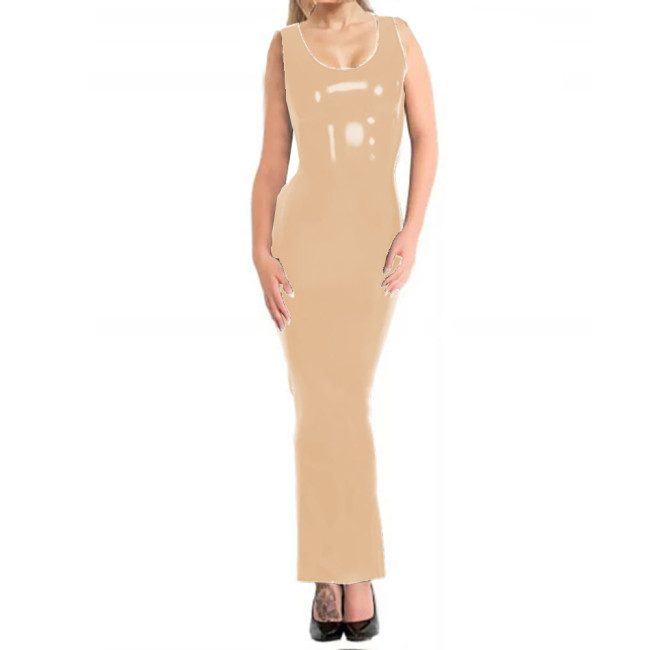 Wetlook Sleeveless Bodycon Long Pencil Dress Sexy U-neck Slim Fit Party Club Sundress Womens Shiny PVC Dresses Female Vestido