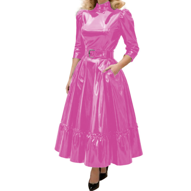 Fashion Turtleneck Solid Shiny PVC Leather A-Line Dress Womens Three Quarter Sleeves Long Belted Dress Female Elegant Vestidos