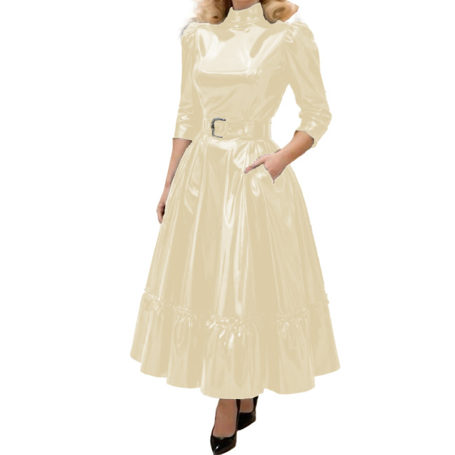 Fashion Turtleneck Solid Shiny PVC Leather A-Line Dress Womens Three Quarter Sleeves Long Belted Dress Female Elegant Vestidos