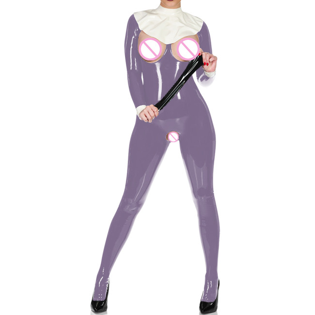 Exotic Sexy Cupless Crotchless Catsuit Wet PVC Leather Long Sleeve Club Bodysuit Fetish Open Crotch Bare Breast Erotic Lingerie