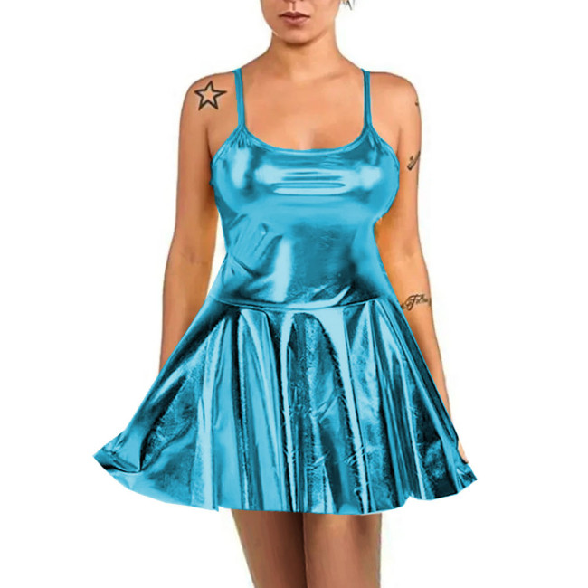 Summer Sexy Women High Waist Sundress Rave Party Spaghetti Straps Cami Slip Dress Shiny Metallic Short A-line Skater Mini Dress