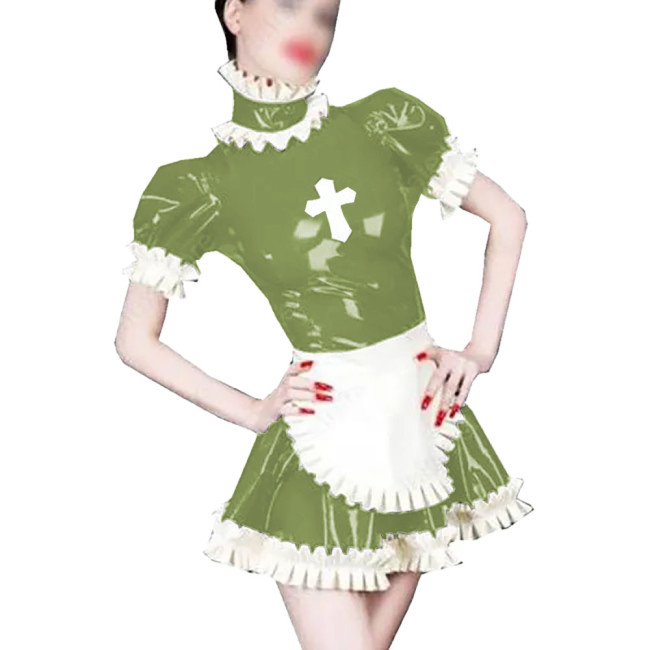 Wetlook PVC Leather A-line Nun Maid Dress Sets Shiny Ruffles Short Sleeve Lolita Dress with Apron Party Cosplay Nun Maid Outfit