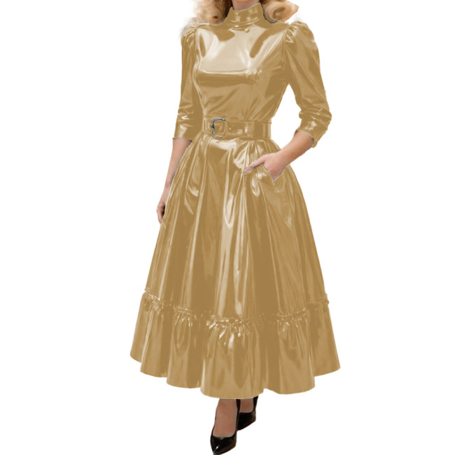 Fashion Turtleneck Solid Shiny PVC Leather A-Line Dress Womens Three Quarter Sleeves Long Belted Dress Female Elegant Vestidos