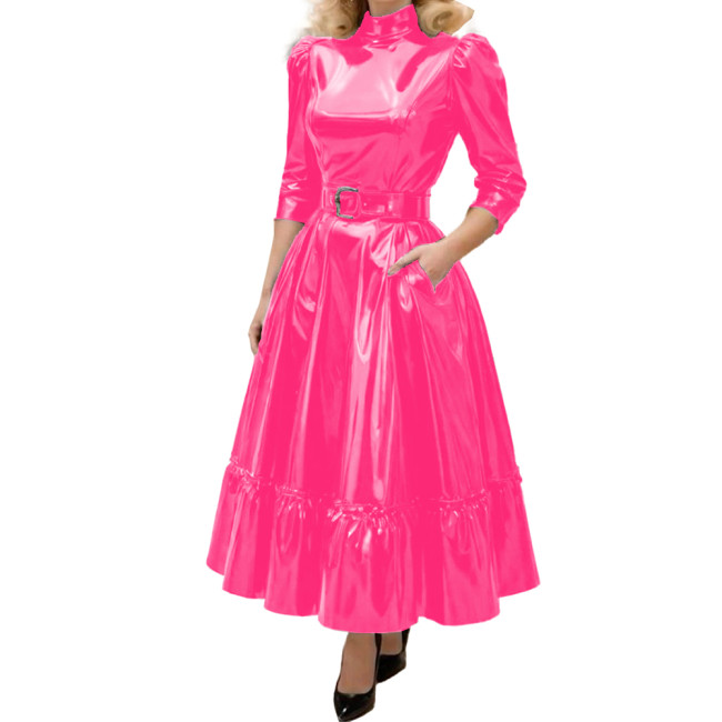 Fashion Turtleneck Solid Shiny PVC Leather A-Line Dress Womens Three Quarter Sleeves Long Belted Dress Female Elegant Vestidos