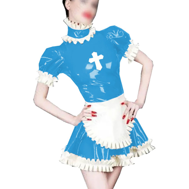 Wetlook PVC Leather A-line Nun Maid Dress Sets Shiny Ruffles Short Sleeve Lolita Dress with Apron Party Cosplay Nun Maid Outfit