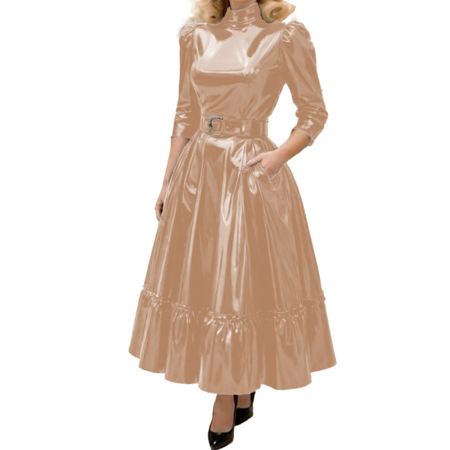 Fashion Turtleneck Solid Shiny PVC Leather A-Line Dress Womens Three Quarter Sleeves Long Belted Dress Female Elegant Vestidos